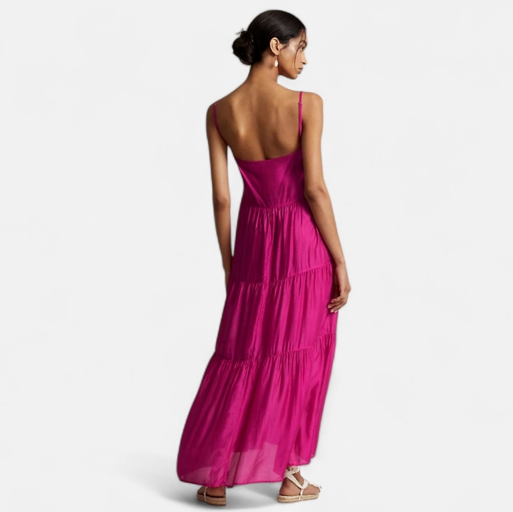 NWT POLO RALPH LAUREN Quinn Tiered Button Front Maxi Dress Hot Pink Small - Picture 3 of 14